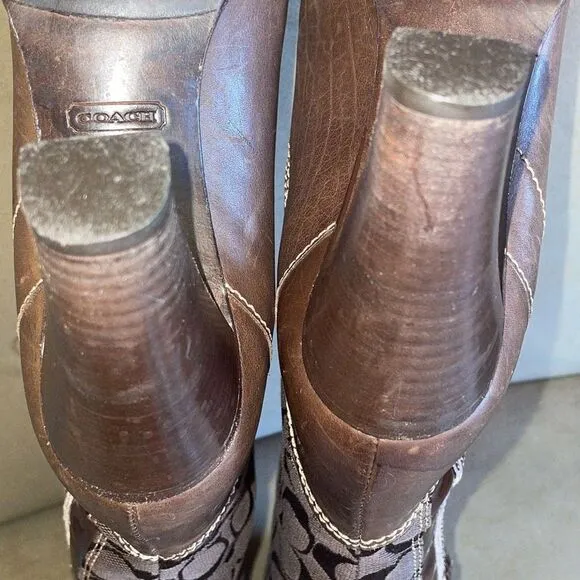 RARE Coach Yvette Tall Leather &amp; Logo Fabric Mixed Media Boots sz 7.5 - Brown