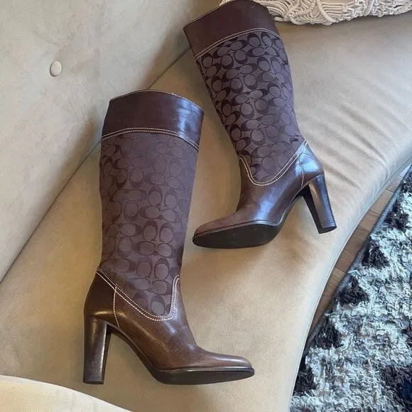 RARE Coach Yvette Tall Leather &amp; Logo Fabric Mixed Media Boots sz 7.5 - Brown