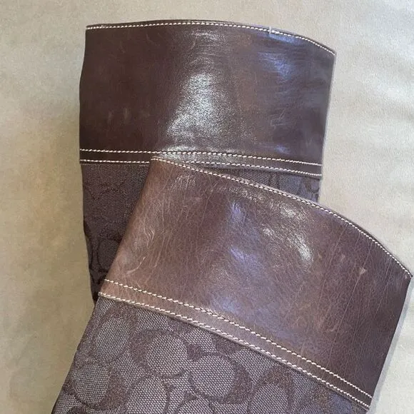 RARE Coach Yvette Tall Leather &amp; Logo Fabric Mixed Media Boots sz 7.5 - Brown