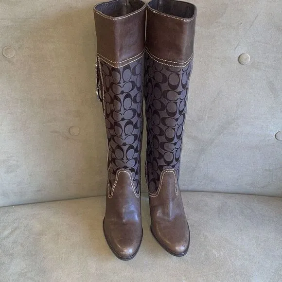 RARE Coach Yvette Tall Leather &amp; Logo Fabric Mixed Media Boots sz 7.5 - Brown