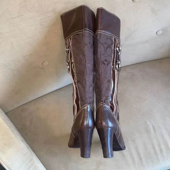 RARE Coach Yvette Tall Leather &amp; Logo Fabric Mixed Media Boots sz 7.5 - Brown
