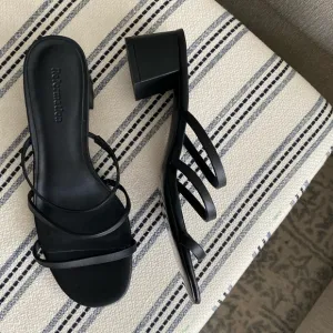 Reformation Ménage Black Leather Strappy Kitten Block Heeled Sandals