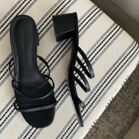 Reformation Ménage Black Leather Strappy Kitten Block Heeled Sandals