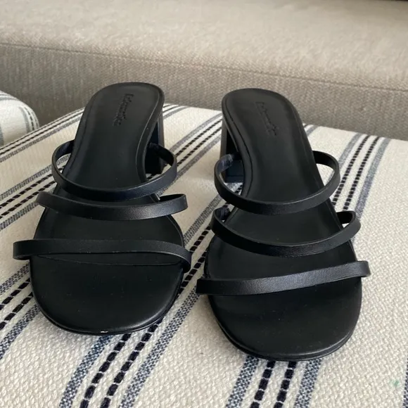 Reformation Ménage Black Leather Strappy Kitten Block Heeled Sandals