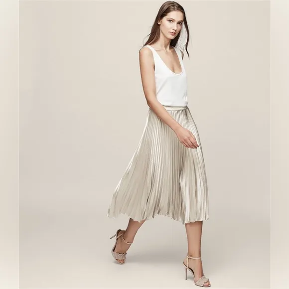 Reiss Alisa Champagne Silver Knife Pleated Metallic Midi Skirt 8