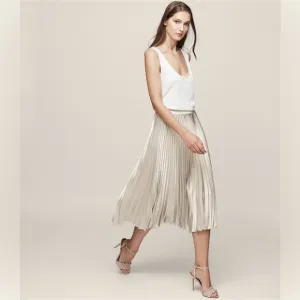Reiss Alisa Champagne Silver Knife Pleated Metallic Midi Skirt 8