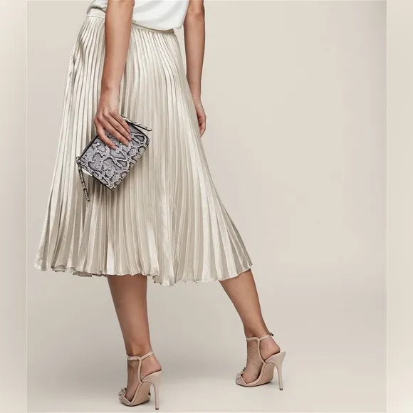 Reiss Alisa Champagne Silver Knife Pleated Metallic Midi Skirt 8