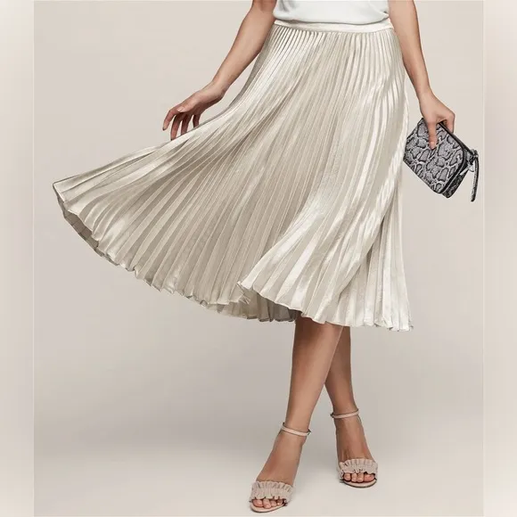 Reiss Alisa Champagne Silver Knife Pleated Metallic Midi Skirt 8