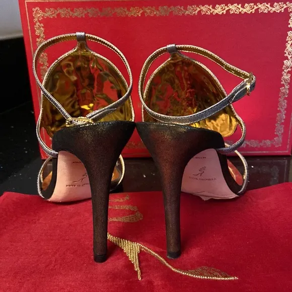 Rene Caovilla &quot;Rosa&quot; Black Sequin Medallions Gold &amp; Platinum High Heel Sandals