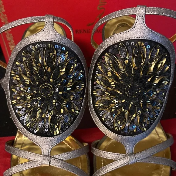 Rene Caovilla &quot;Rosa&quot; Black Sequin Medallions Gold &amp; Platinum High Heel Sandals