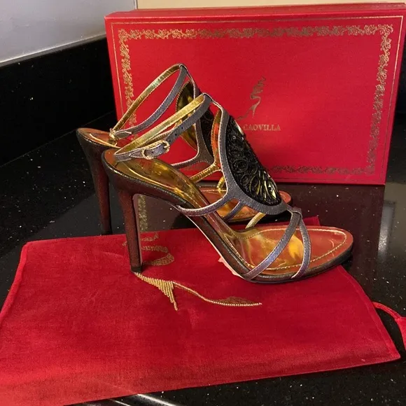 Rene Caovilla &quot;Rosa&quot; Black Sequin Medallions Gold &amp; Platinum High Heel Sandals