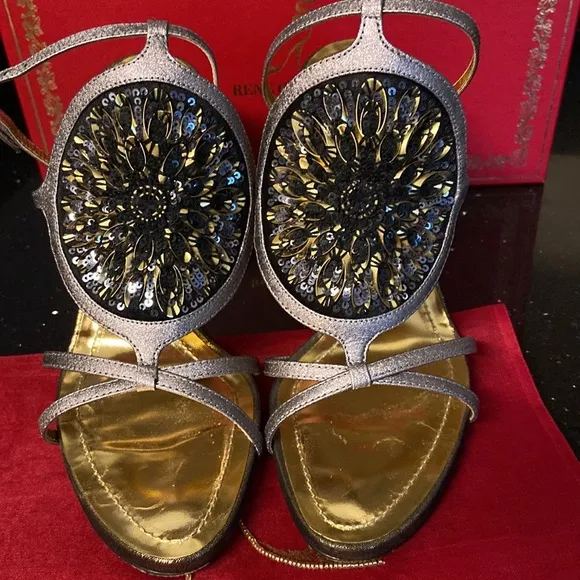 Rene Caovilla &quot;Rosa&quot; Black Sequin Medallions Gold &amp; Platinum High Heel Sandals