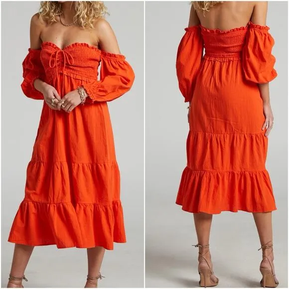 Revolve Showpo Nikka Shirred Off Shoulder Puff Sleeve Midi Dress Size 16