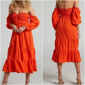 Revolve Showpo Nikka Shirred Off Shoulder Puff Sleeve Midi Dress Size 16