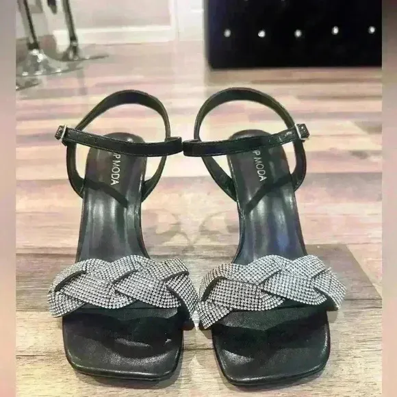 Roadie Sz  7.5 Women's Braided Mid Heel Rhinestone Stiletto Sandals