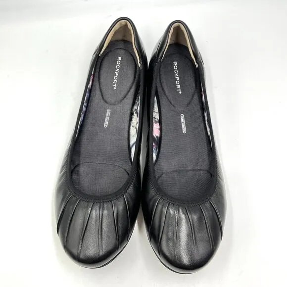 Rockport Womens Size 9 Black Leather Pleated Slip On Ballet Flats Shoes