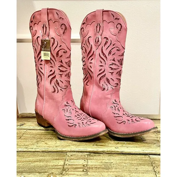 Roper Riley Glitz Sequined Glam Snip Toe Cowboy Womens Pink Casual Boots Sz 8
