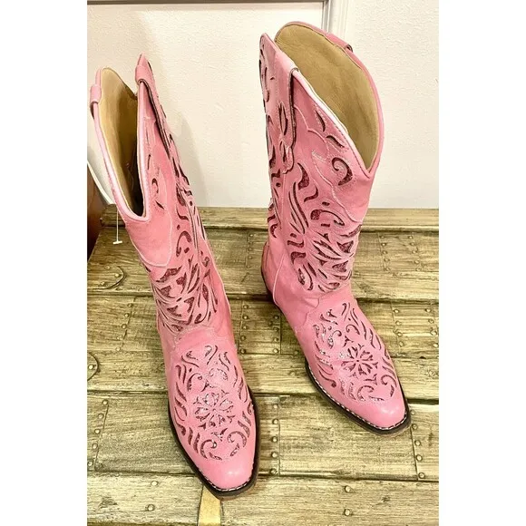 Roper Riley Glitz Sequined Glam Snip Toe Cowboy Womens Pink Casual Boots Sz 8
