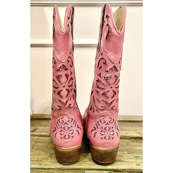 Roper Riley Glitz Sequined Glam Snip Toe Cowboy Womens Pink Casual Boots Sz 8