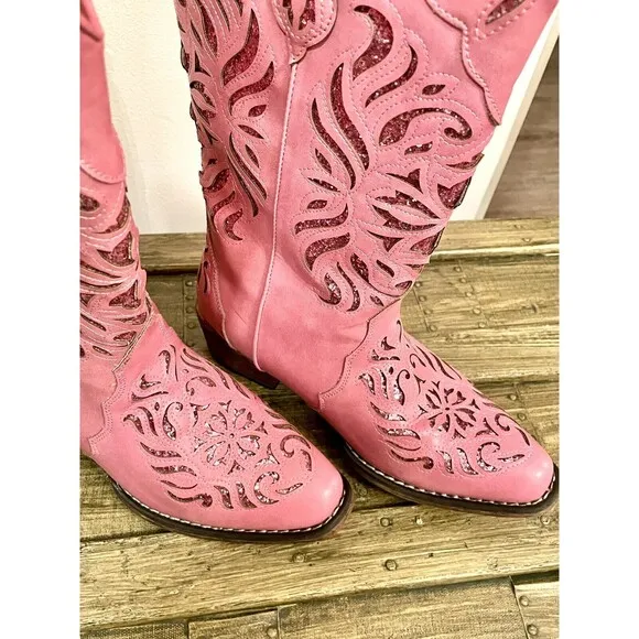 Roper Riley Glitz Sequined Glam Snip Toe Cowboy Womens Pink Casual Boots Sz 8