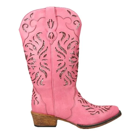 Roper Riley Glitz Sequined Glam Snip Toe Cowboy Womens Pink Casual Boots Sz 8
