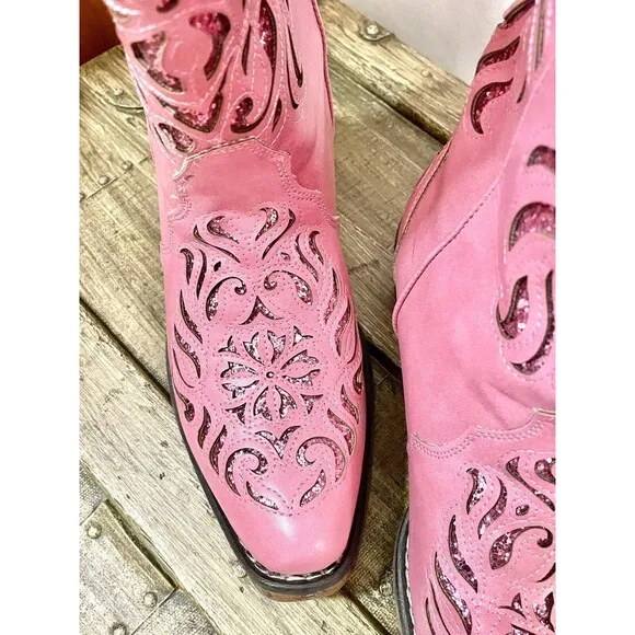 Roper Riley Glitz Sequined Glam Snip Toe Cowboy Womens Pink Casual Boots Sz 8