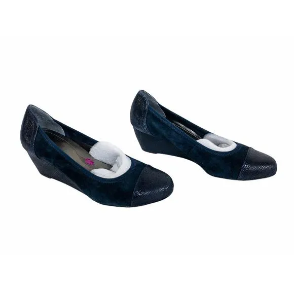 Ros Hommerson Harlow y Blue Suede Lizard Orthotic Wedge Dress Shoes 8N Women's