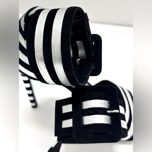 Saint Laurent Paloma Black Silver Stripe Suede Leather Buckle Heels Sandal 38
