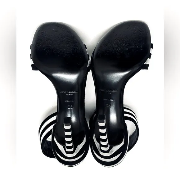 Saint Laurent Paloma Black Silver Stripe Suede Leather Buckle Heels Sandal 38