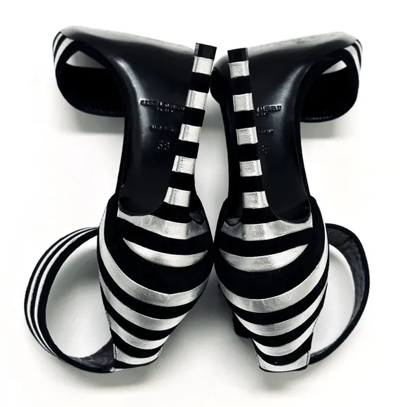 Saint Laurent Paloma Black Silver Stripe Suede Leather Buckle Heels Sandal 38