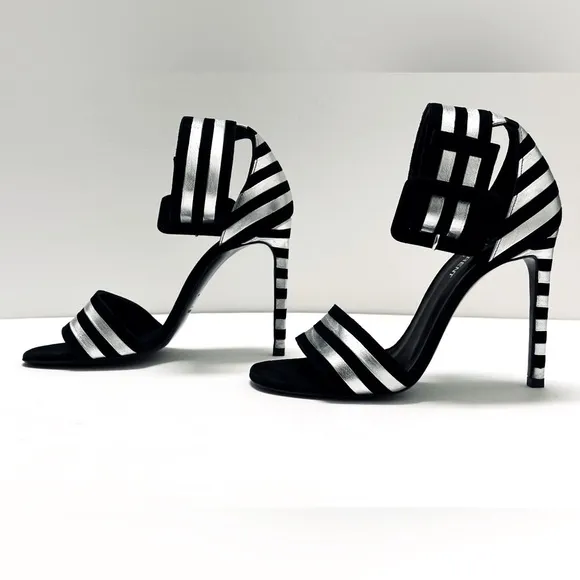Saint Laurent Paloma Black Silver Stripe Suede Leather Buckle Heels Sandal 38