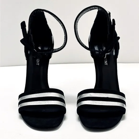 Saint Laurent Paloma Black Silver Stripe Suede Leather Buckle Heels Sandal 38