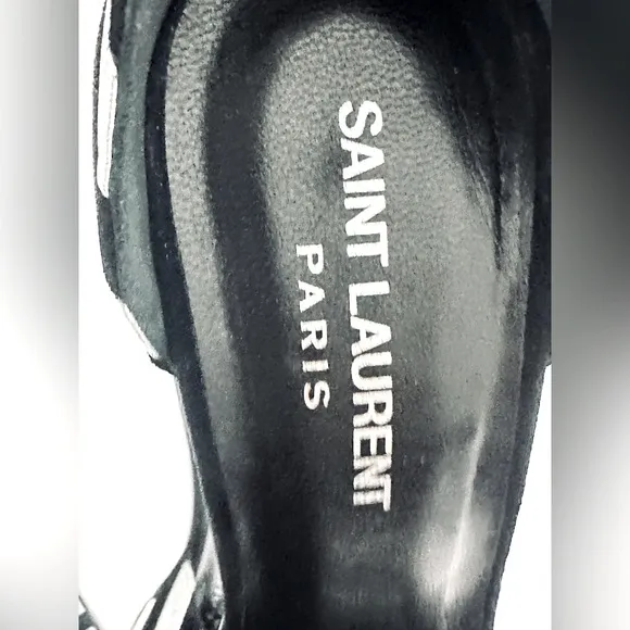 Saint Laurent Paloma Black Silver Stripe Suede Leather Buckle Heels Sandal 38