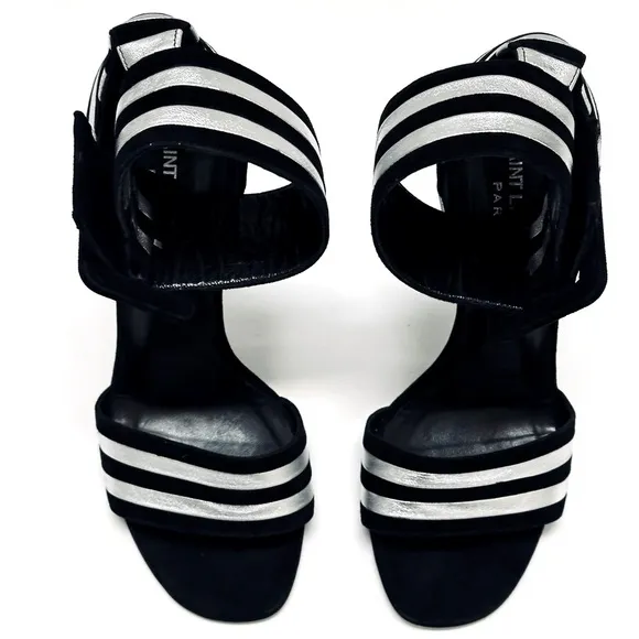 Saint Laurent Paloma Black Silver Stripe Suede Leather Buckle Heels Sandal 38