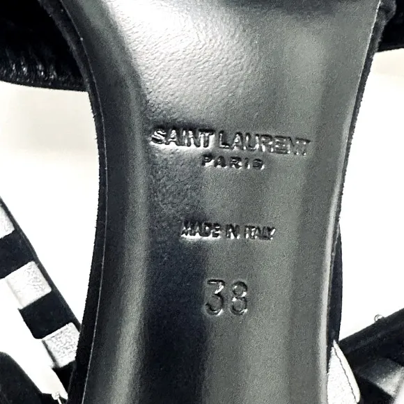 Saint Laurent Paloma Black Silver Stripe Suede Leather Buckle Heels Sandal 38