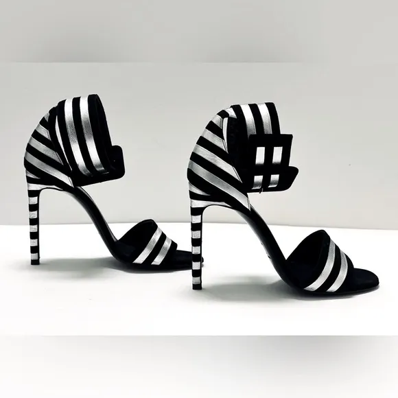 Saint Laurent Paloma Black Silver Stripe Suede Leather Buckle Heels Sandal 38