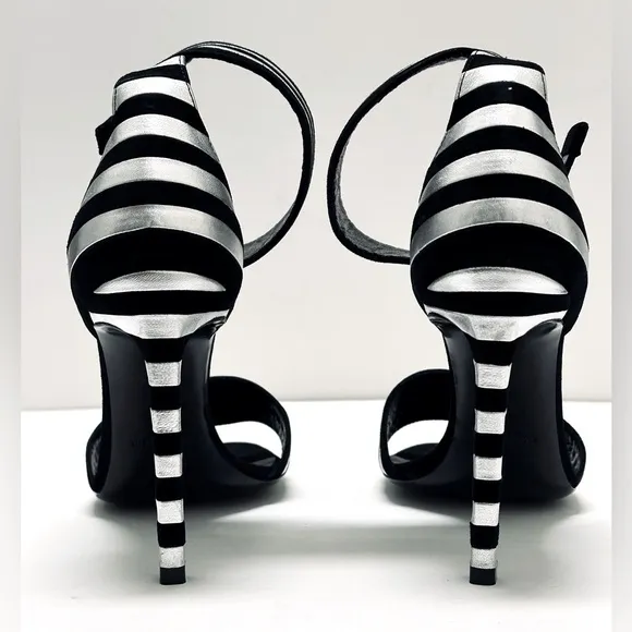 Saint Laurent Paloma Black Silver Stripe Suede Leather Buckle Heels Sandal 38