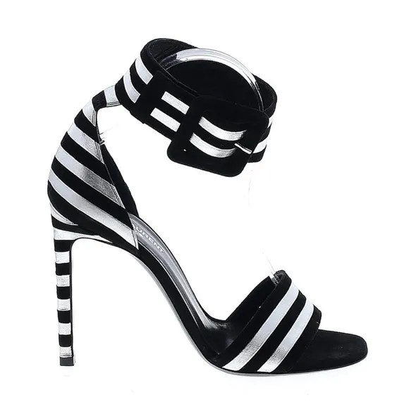 Saint Laurent Paloma Black Silver Stripe Suede Leather Buckle Heels Sandal 38
