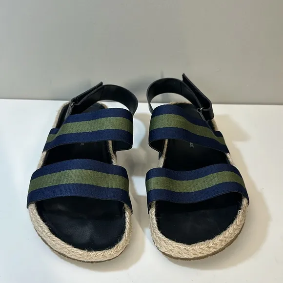 Saks Fifth Avenue Foley Navy and Green Stripe Open Toe Slingback Sandals Size 10