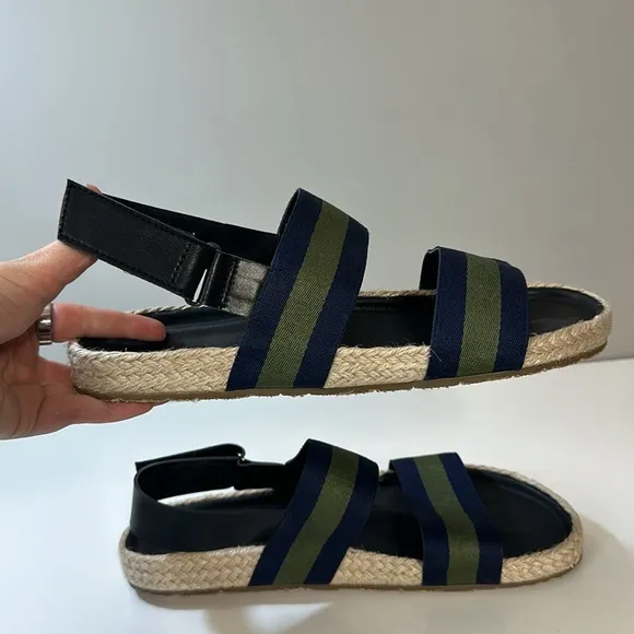Saks Fifth Avenue Foley Navy and Green Stripe Open Toe Slingback Sandals Size 10