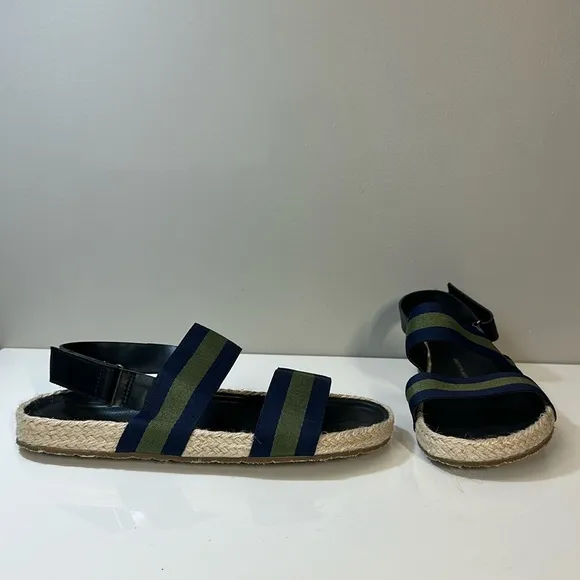 Saks Fifth Avenue Foley Navy and Green Stripe Open Toe Slingback Sandals Size 10