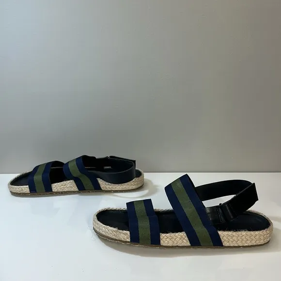 Saks Fifth Avenue Foley Navy and Green Stripe Open Toe Slingback Sandals Size 10