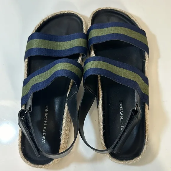 Saks Fifth Avenue Foley Navy and Green Stripe Open Toe Slingback Sandals Size 10