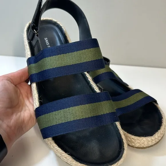 Saks Fifth Avenue Foley Navy and Green Stripe Open Toe Slingback Sandals Size 10