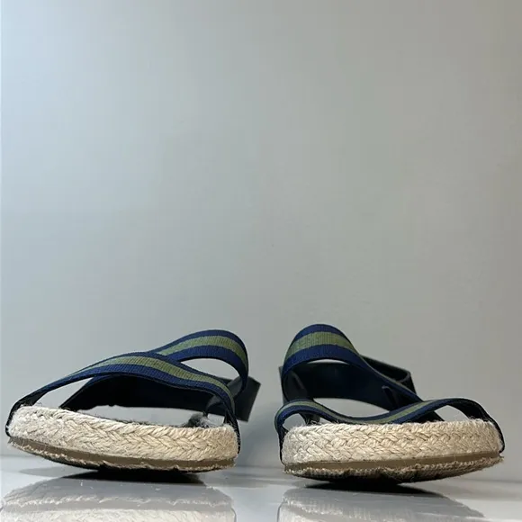 Saks Fifth Avenue Foley Navy and Green Stripe Open Toe Slingback Sandals Size 10
