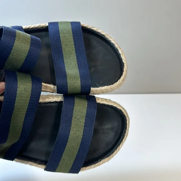 Saks Fifth Avenue Foley Navy and Green Stripe Open Toe Slingback Sandals Size 10