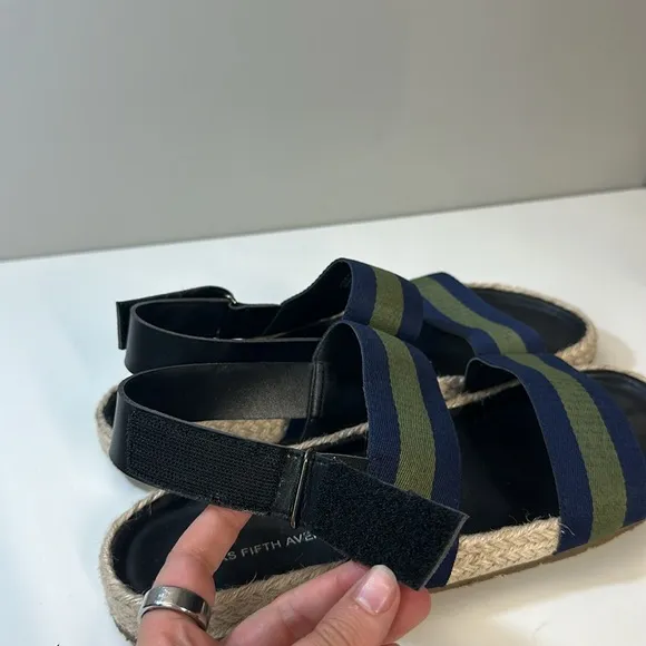 Saks Fifth Avenue Foley Navy and Green Stripe Open Toe Slingback Sandals Size 10