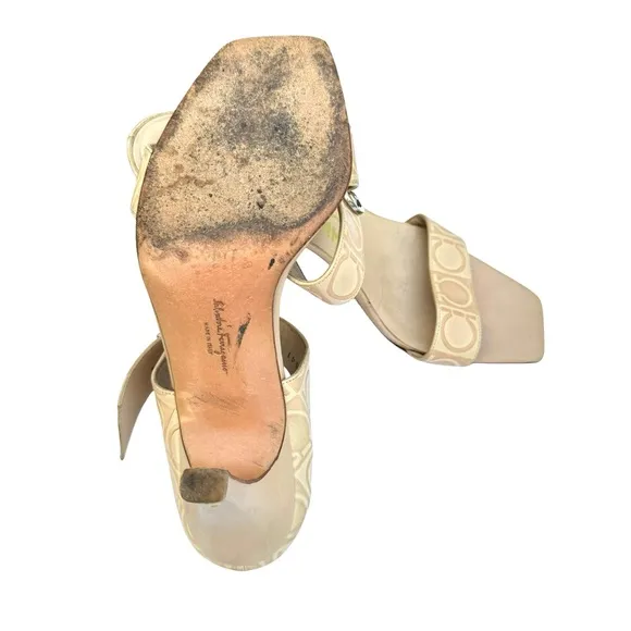 Salvatore Ferragamo Beige Signature Pattern Leather Heeled Buckle Sandal Women’s