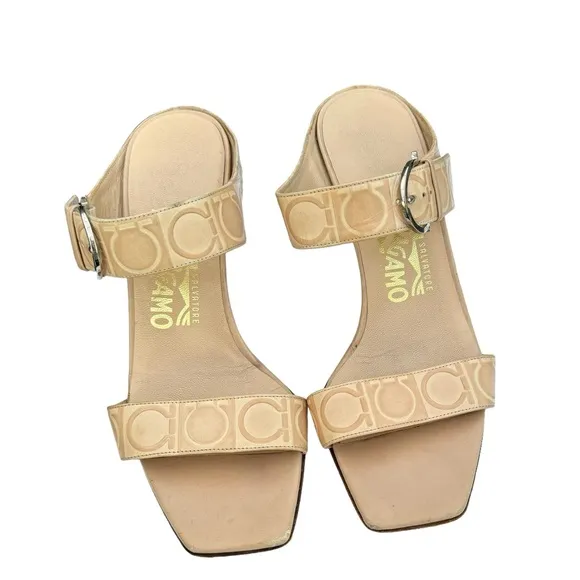 Salvatore Ferragamo Beige Signature Pattern Leather Heeled Buckle Sandal Women’s