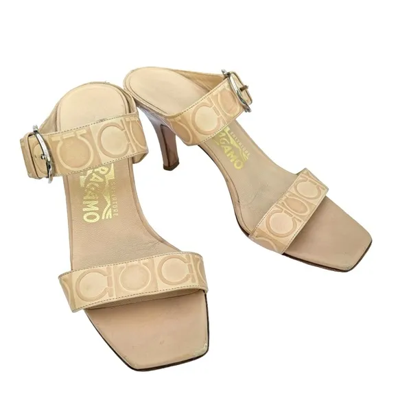 Salvatore Ferragamo Beige Signature Pattern Leather Heeled Buckle Sandal Women’s
